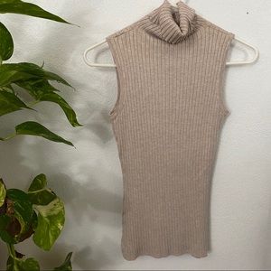 Tan Ribbed Sleeveless Turtleneck